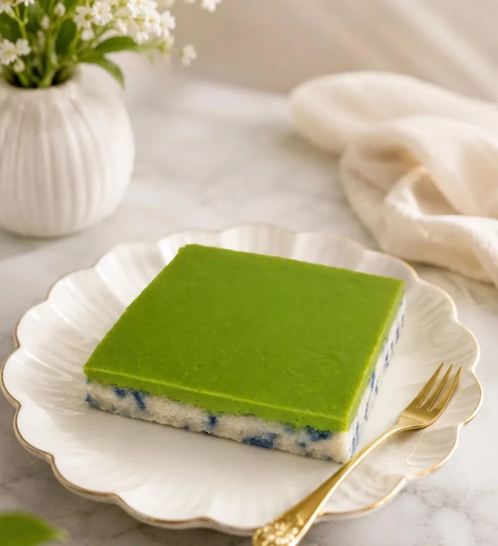 Kuih salat slice with pandan custard top over blue-flecked glutinous rice