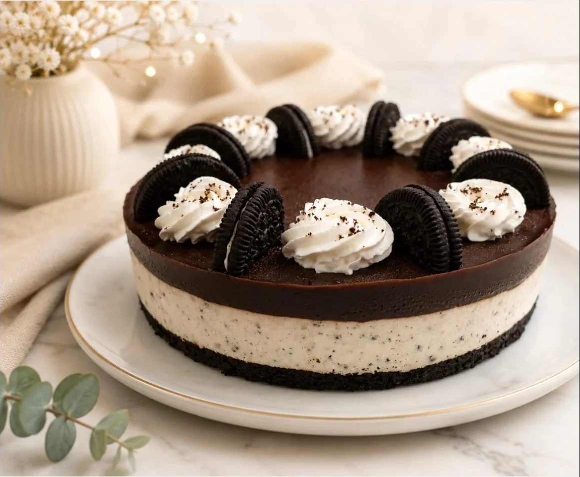 Oreo cheese cake with chocolate ganache top, cream swirls and Oreo halves