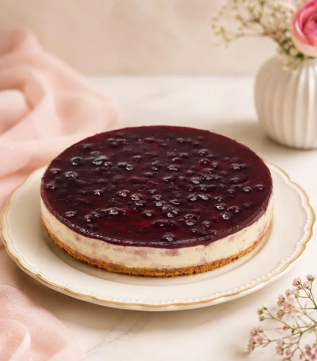 Blueberry cheese cake topped with whole blueberries in compote on a biscuit base
