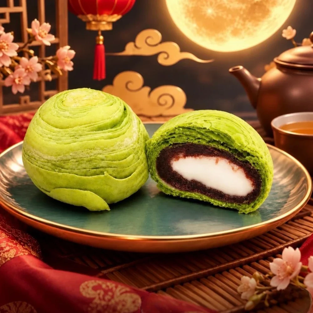 Flaky skin matcha mooncake cut open to show red bean paste around a white mochi centre